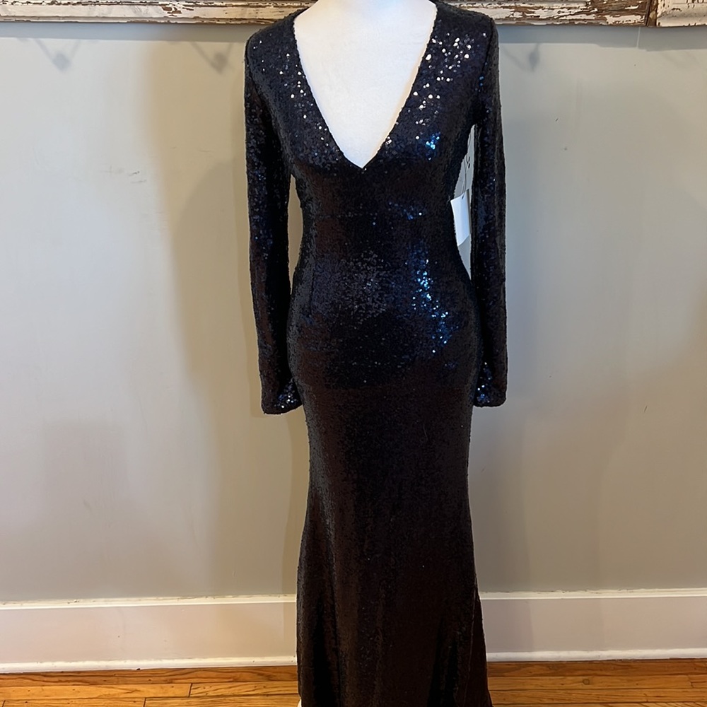 Lulu's Navy Sequin Long Sleeve V-Neck Prom Dress - Picture 3 of 9